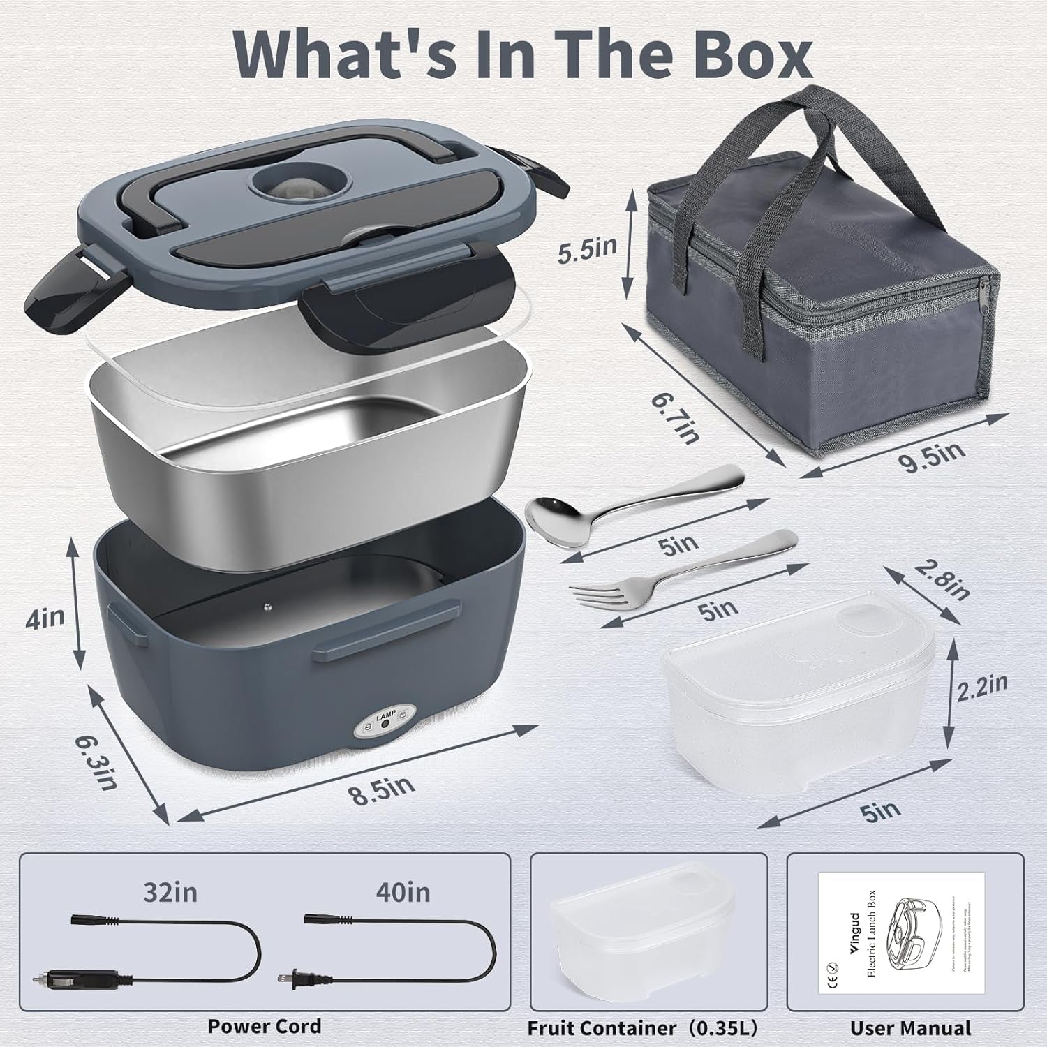 Electric Lunch Box Food Heater, 3 in 1 Heating Lunch Box for Work/Car/Truck, Heated Lunch Boxes for Adults with 1.5L Stainless Steel Container, 12V 24V 110V (Grey + Black)