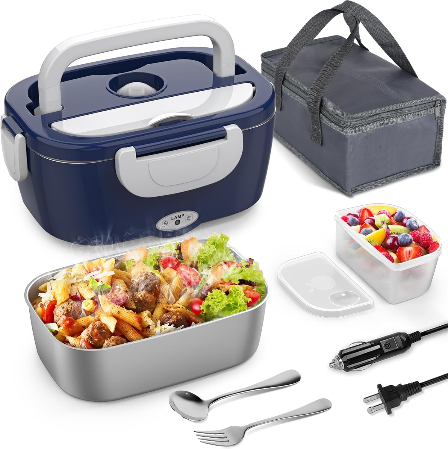 Electric Lunch Box Food Heater, 3 in 1 Heating Lunch Box for Work/Car/Truck, Heated Lunch Boxes for Adults with 1.5L Stainless Steel Container, 12V 24V 110V (Grey + Black)