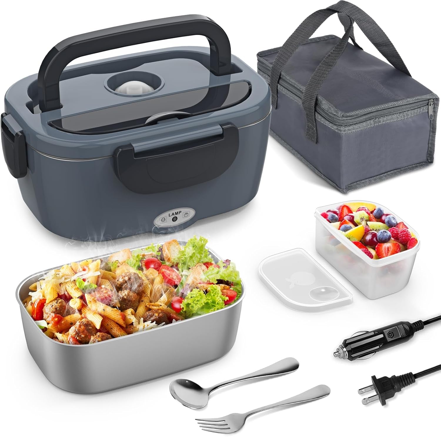 Electric Lunch Box Food Heater, 3 in 1 Heating Lunch Box for Work/Car/Truck, Heated Lunch Boxes for Adults with 1.5L Stainless Steel Container, 12V 24V 110V (Grey + Black)