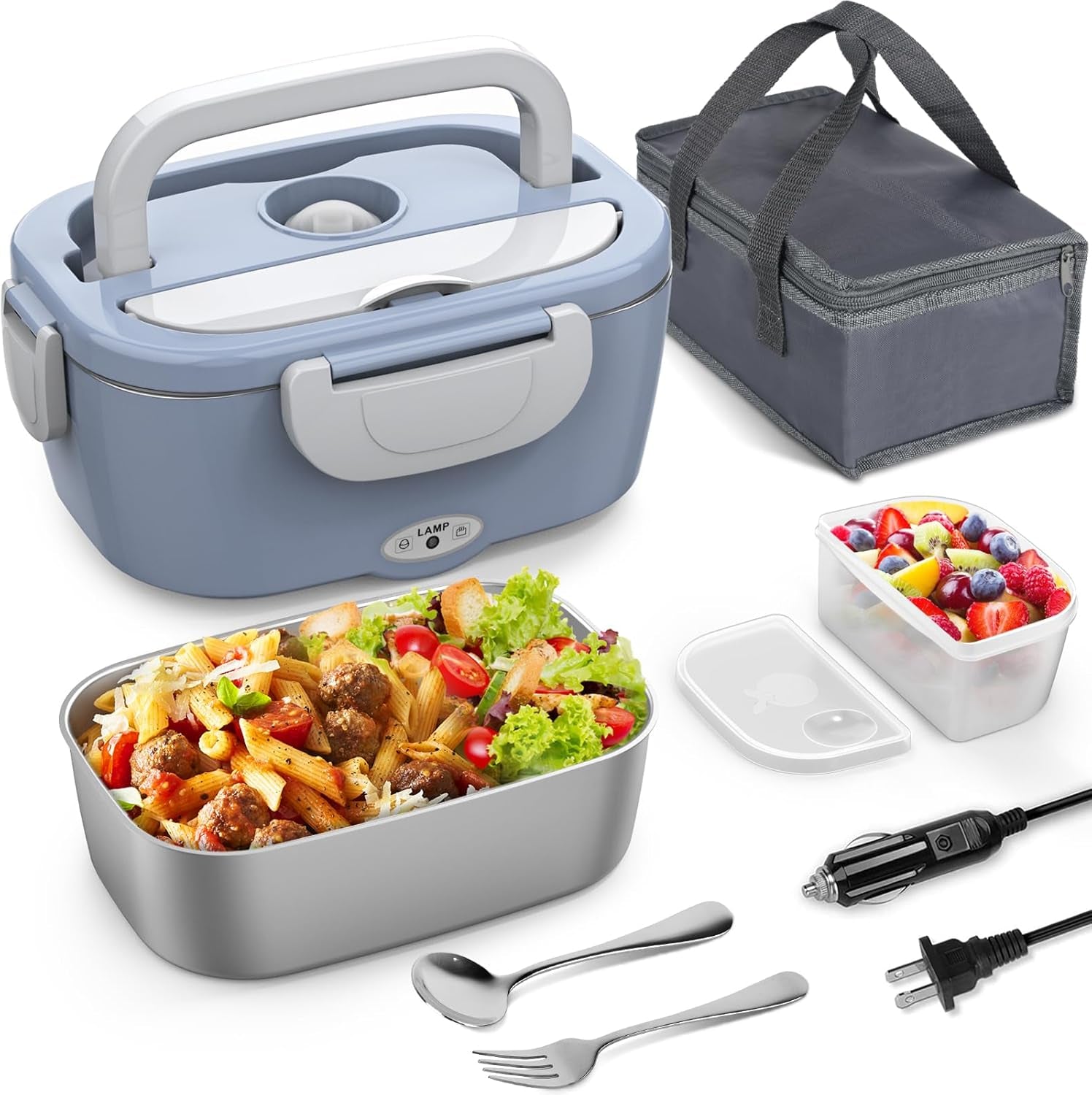 Electric Lunch Box Food Heater, 3 in 1 Heating Lunch Box for Work/Car/Truck, Heated Lunch Boxes for Adults with 1.5L Stainless Steel Container, 12V 24V 110V (Grey + Black)