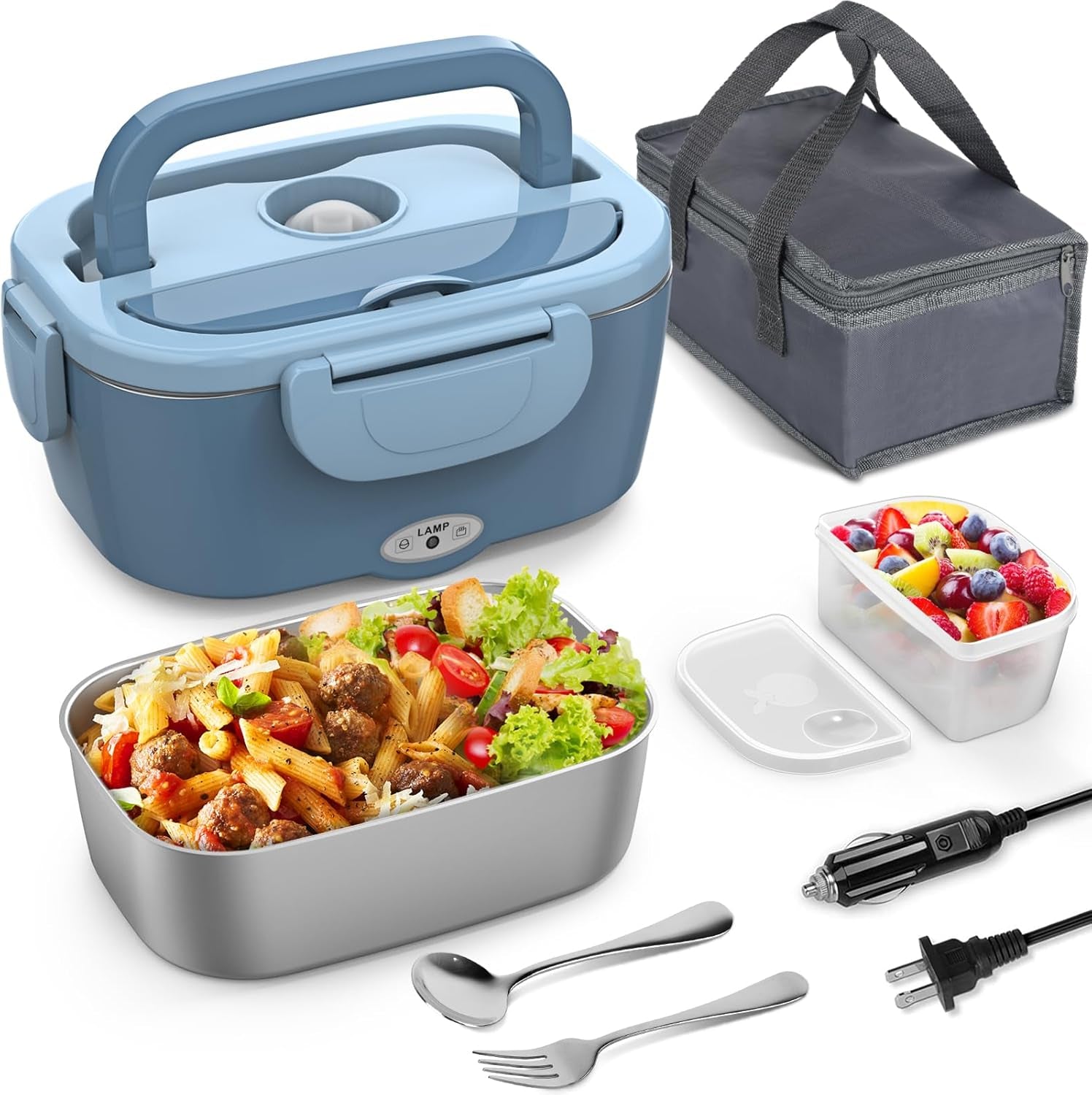 Electric Lunch Box Food Heater, 3 in 1 Heating Lunch Box for Work/Car/Truck, Heated Lunch Boxes for Adults with 1.5L Stainless Steel Container, 12V 24V 110V (Grey + Black)