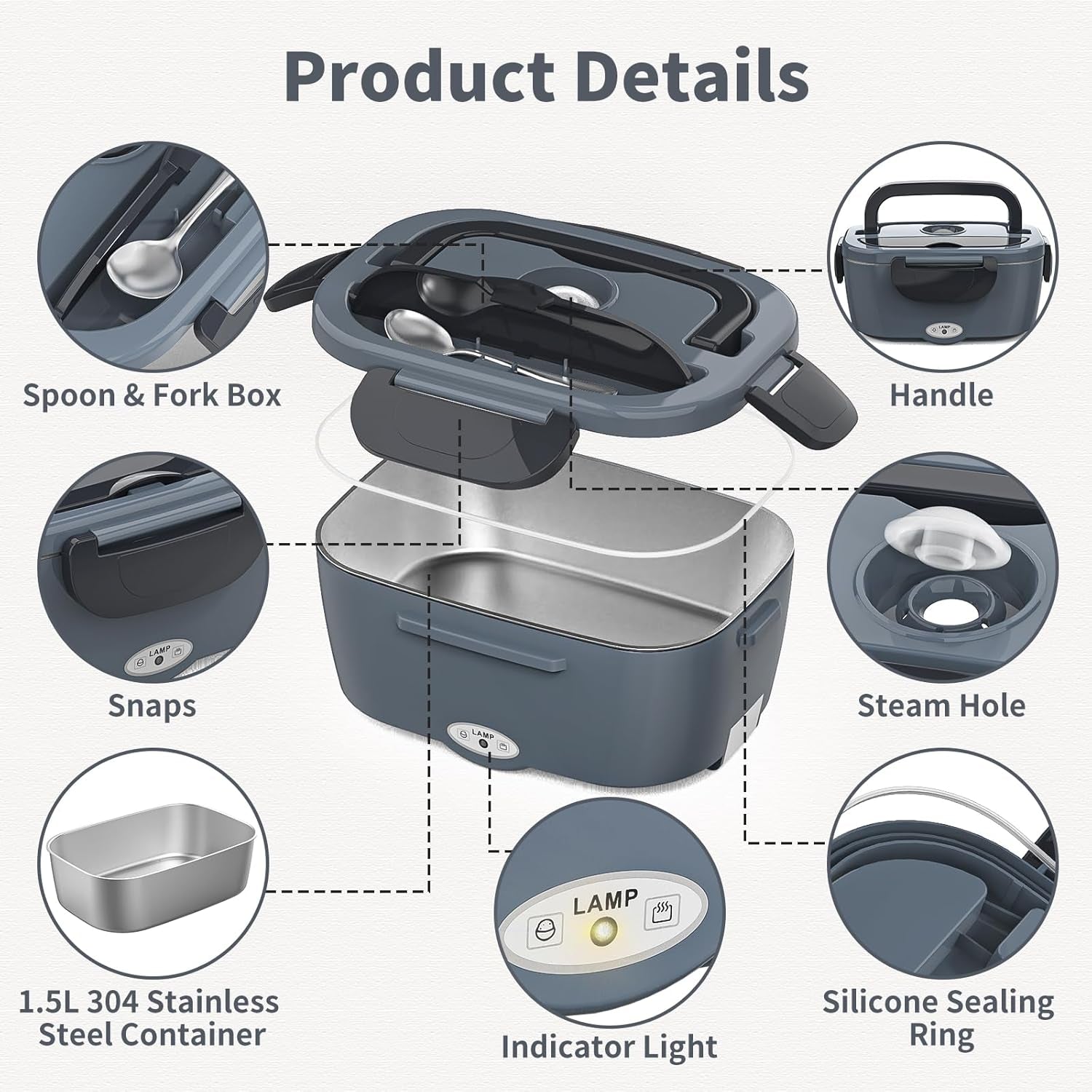 Electric Lunch Box Food Heater, 3 in 1 Heating Lunch Box for Work/Car/Truck, Heated Lunch Boxes for Adults with 1.5L Stainless Steel Container, 12V 24V 110V (Grey + Black)