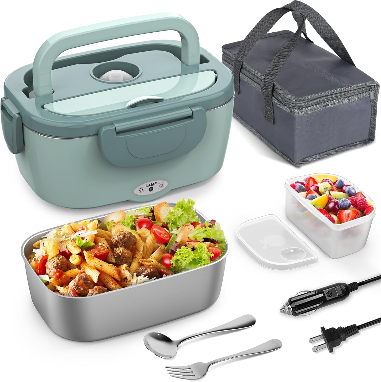 Electric Lunch Box Food Heater, 3 in 1 Heating Lunch Box for Work/Car/Truck, Heated Lunch Boxes for Adults with 1.5L Stainless Steel Container, 12V 24V 110V (Grey + Black)